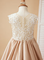 A-Linie Spitze Satin Bodenlang Blumenmädchenkleid 