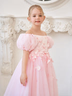 Vestido de tul para niña de las flores, largo hasta la rodilla, con mangas abullonadas y hombros descubiertos, apliques florales 3D