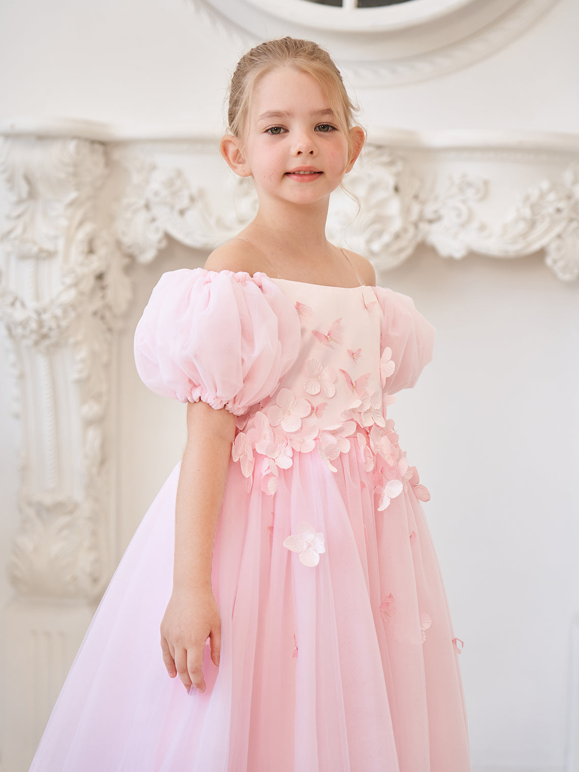 Vestido de tul para niña de las flores, largo hasta la rodilla, con mangas abullonadas y hombros descubiertos, apliques florales 3D