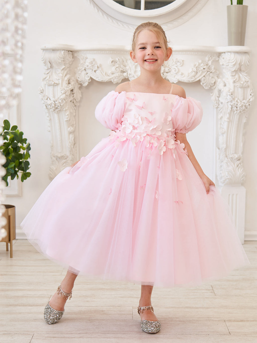 Vestido de tul para niña de las flores, largo hasta la rodilla, con mangas abullonadas y hombros descubiertos, apliques florales 3D