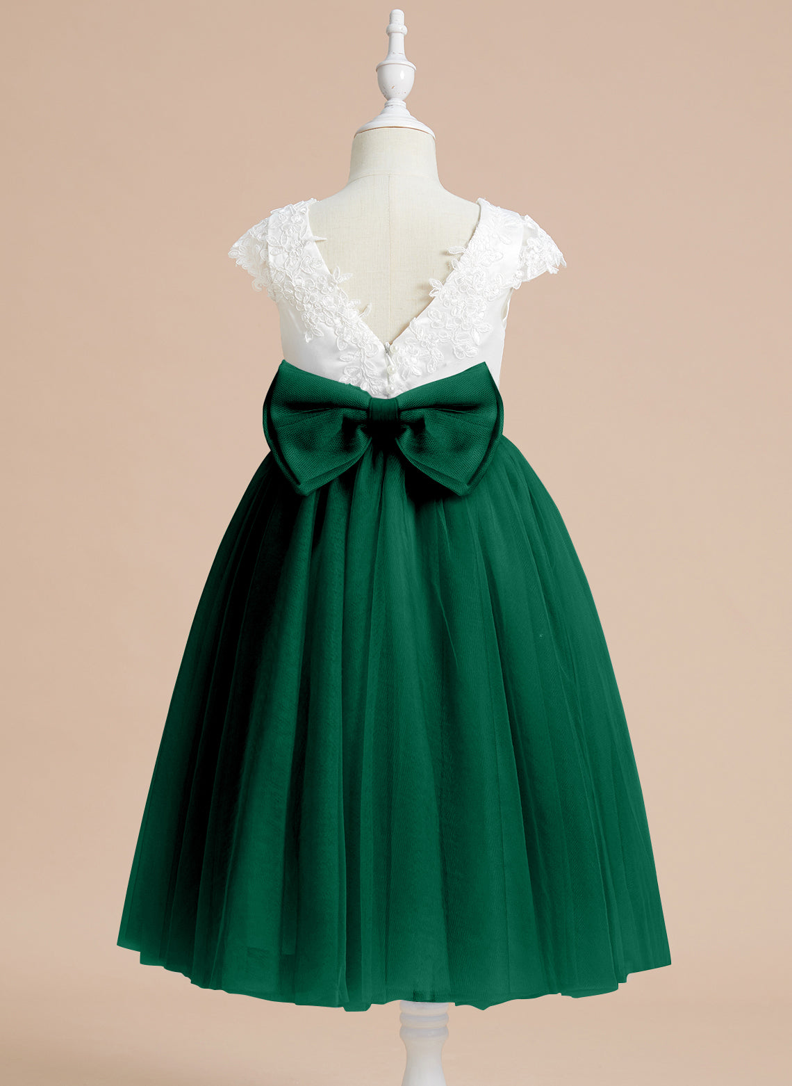 Vestido de niña de las flores de primera comunión de tul satinado con corte en A y largo hasta la rodilla