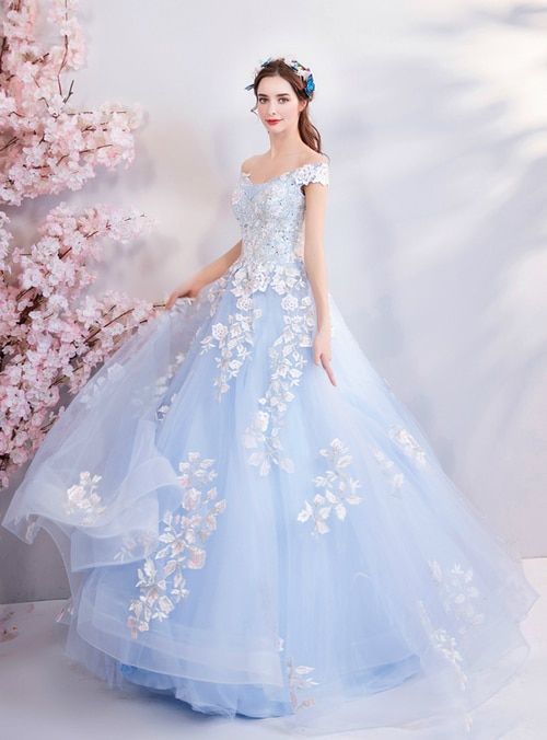 Vestidos de quinceañera azules con hombros descubiertos, vestido de baile azul Y52
