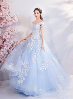 Vestidos de quinceañera azules con hombros descubiertos, vestido de baile azul Y52