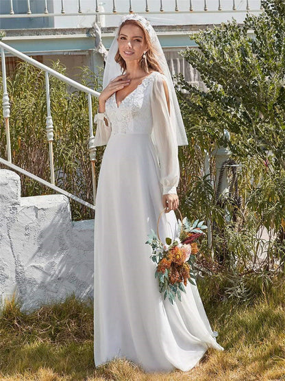 Classic Appliques 3D Flower Wedding Dress Simple Deep V-neck Long Sleeve Bridal Gown Beach Vestidos De Novia-payinti
