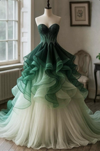 Unique Strapless Tulle Beaded Ruffle A Line Prom Dress Formal Ball Gown Y8343