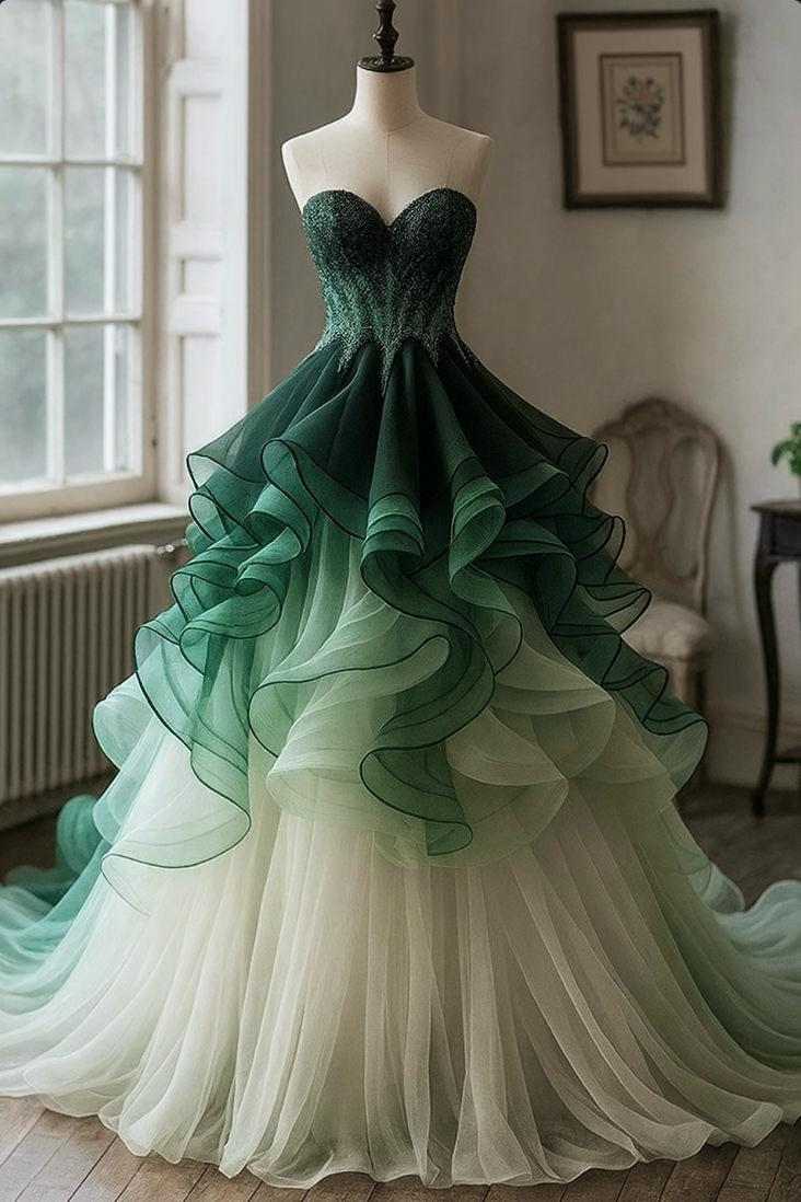 Unique Strapless Tulle Beaded Ruffle A Line Prom Dress Formal Ball Gown Y8343