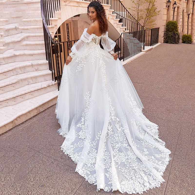 RODDRSYA Beach Wedding Dresses Lace Puff Sleeves Bridal Gowns Princess Off Shoulder Vestido De Novia Appliques Tulle Sweep Train-payinti