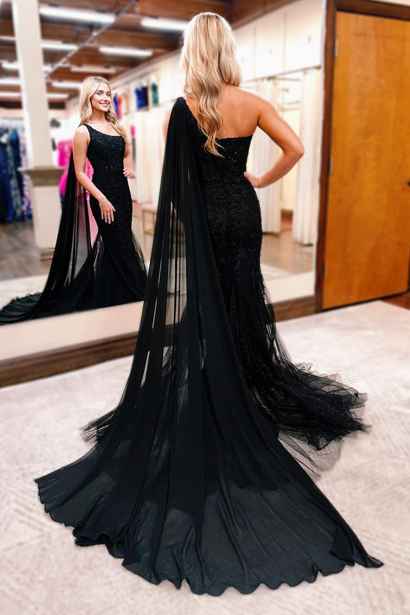 Vestidos de fiesta largos de sirena con apliques de un solo hombro en color negro
