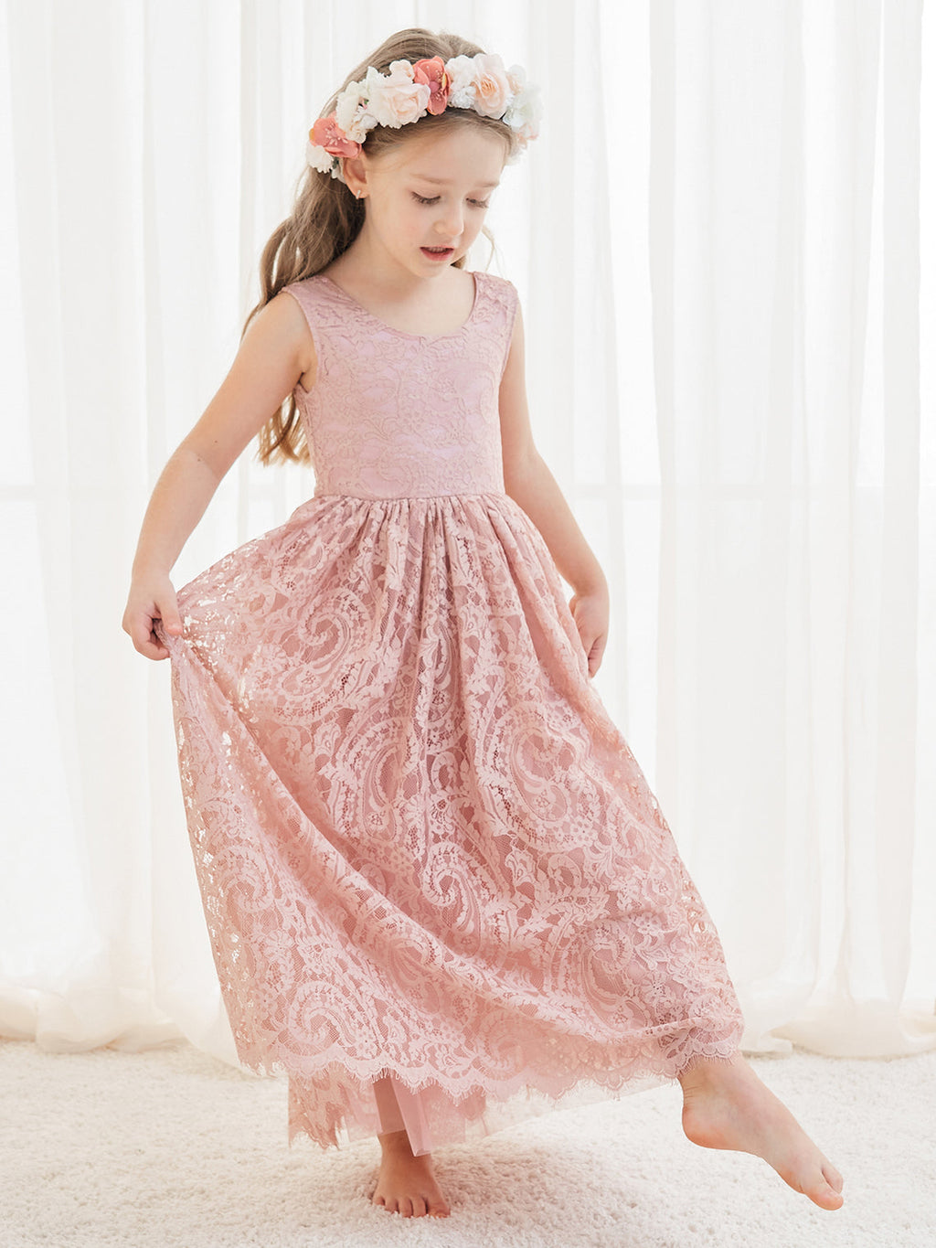 A-Linien-Spitze Knöchellanges Elfenbein Boho Blumenmädchenkleid 