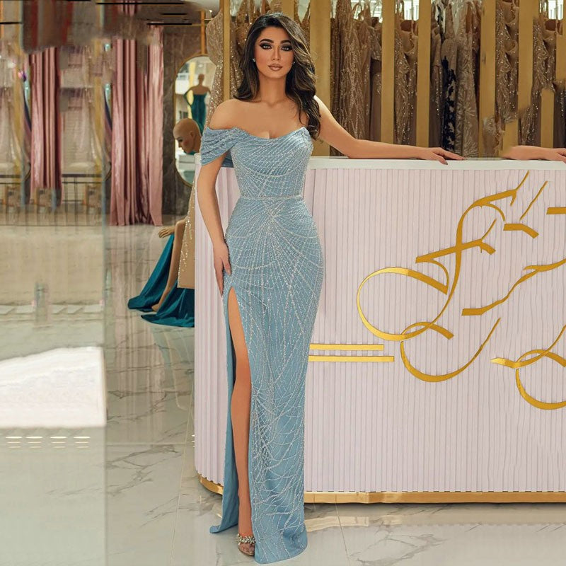 Elegant Sexy Light Blue Mermaid Evening Dresses 2023 One Shoulder High Split Party Prom Gowns Custom Made-payinti