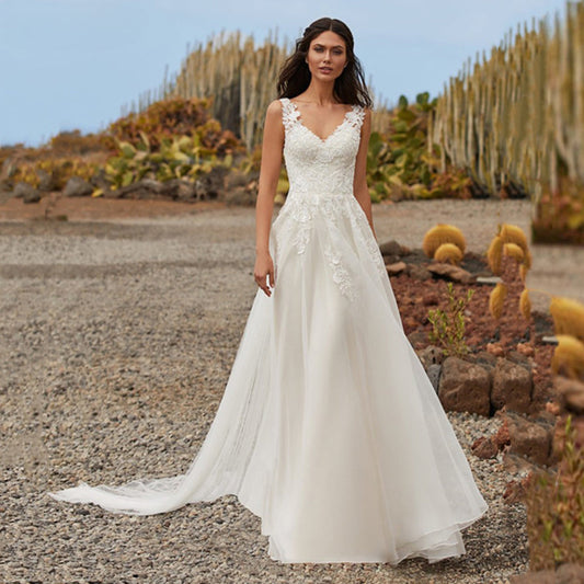 Simple A Line Wedding Dresses 2023 Sexy V Neck Sleeveless Lace Appliques Sweep Train For Women Bridal Gowns Buttons Back Robes-payinti