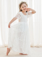 A-Linien-Spitze Knöchellanges Elfenbein Boho Blumenmädchenkleid 