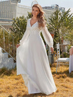 Classic Appliques 3D Flower Wedding Dress Simple Deep V-neck Long Sleeve Bridal Gown Beach Vestidos De Novia-payinti