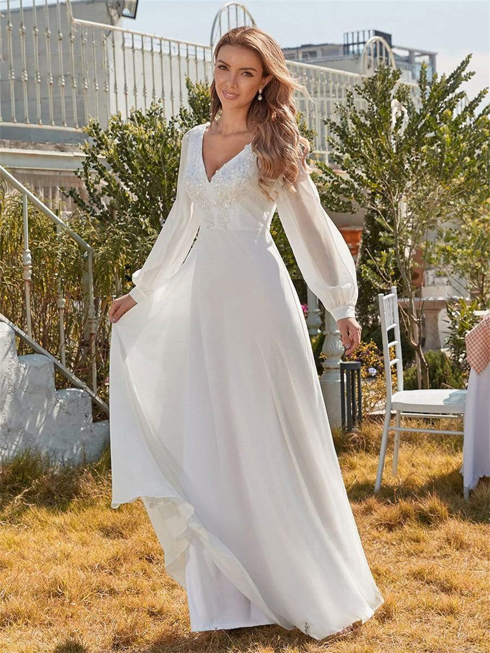 Classic Appliques 3D Flower Wedding Dress Simple Deep V-neck Long Sleeve Bridal Gown Beach Vestidos De Novia-payinti