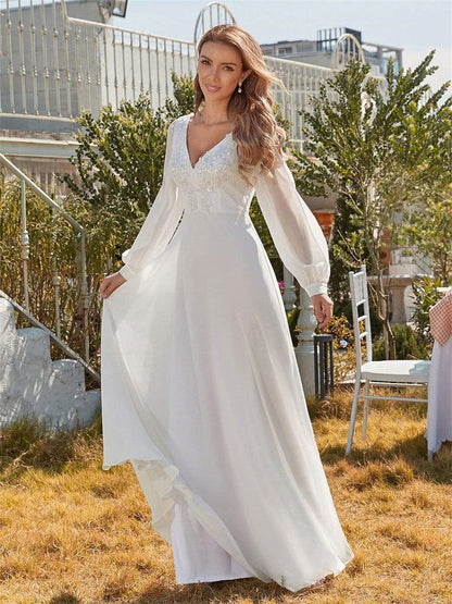 Classic Appliques 3D Flower Wedding Dress Simple Deep V-neck Long Sleeve Bridal Gown Beach Vestidos De Novia-payinti