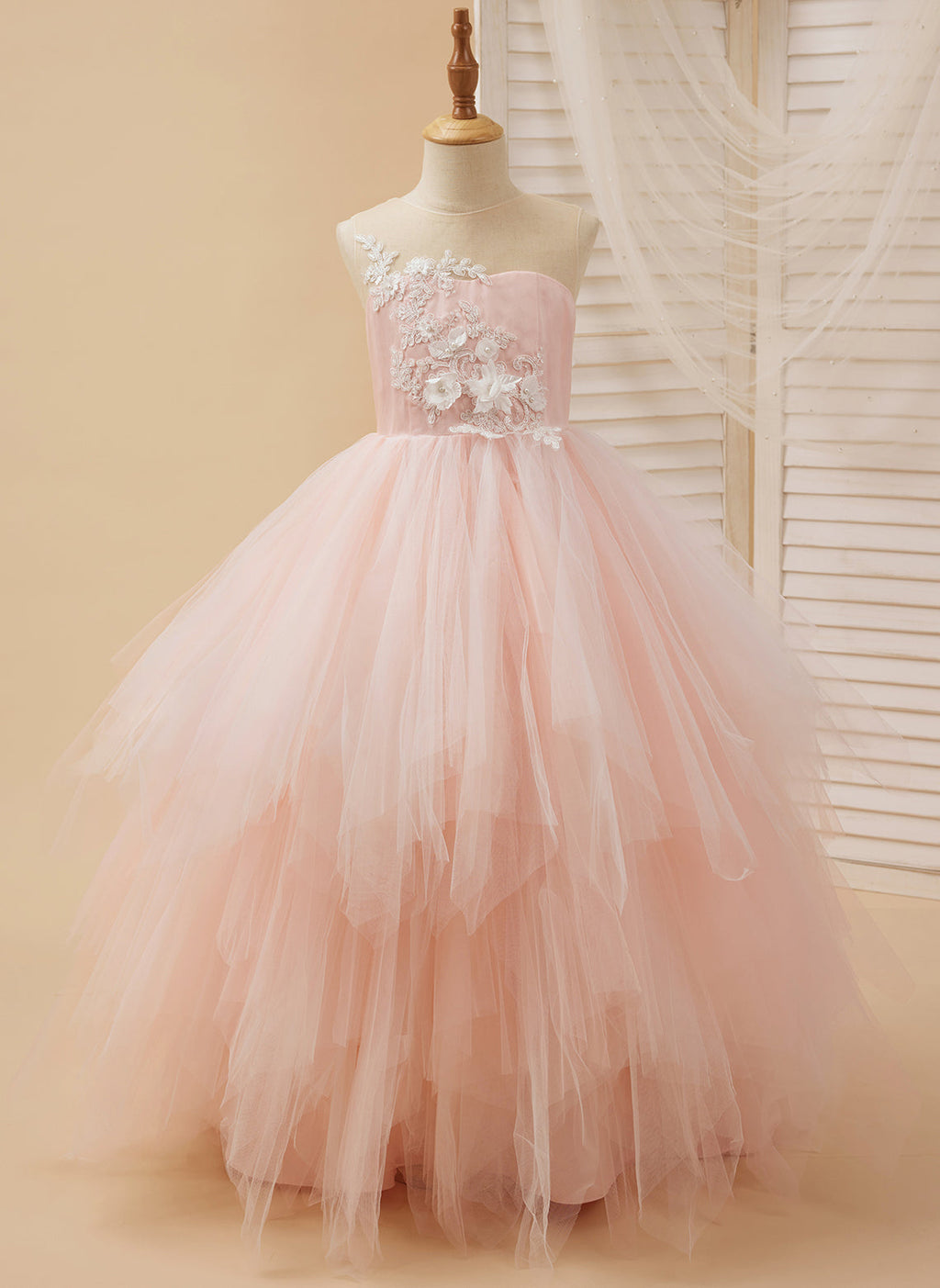 Duchesse-Linie/Princess-Linie Spitze Tüll Bodenlang Rosa Kleid (2003226757) 