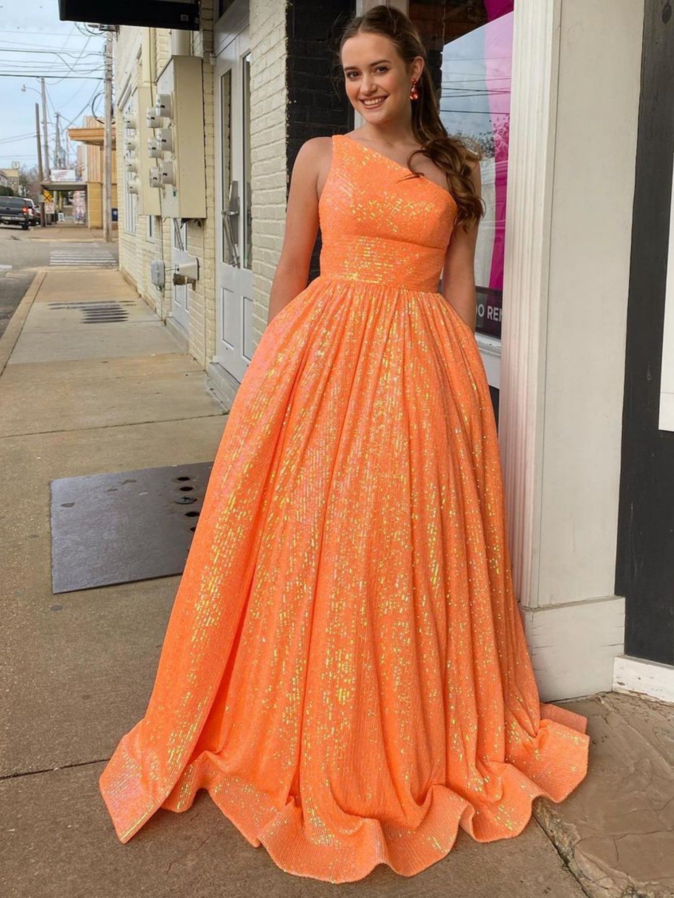 A-Line One Shoulder Sequins Prom Dress with Pockets
