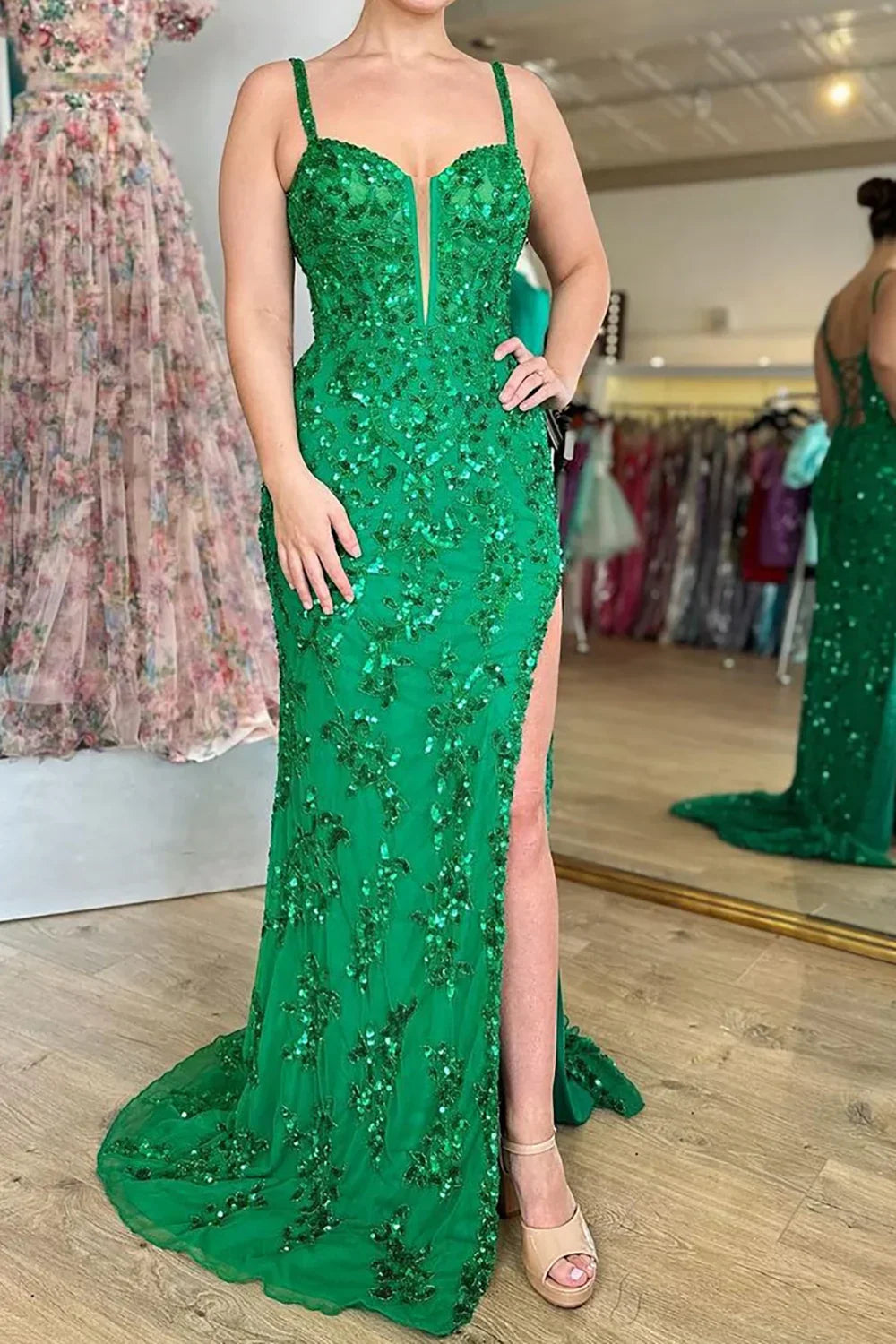 Robe de bal longue à paillettes bleu scintillant avec fente