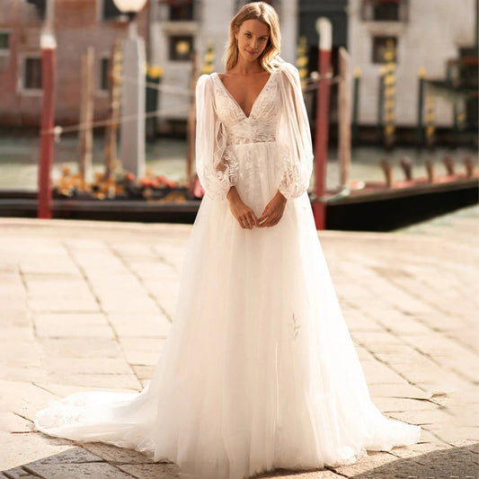 Sexy V Neck Lace Wedding Dresses 2024 Simple Long Puff Sleeves Bride Gowns Appliques Backless Robe De Marié Custom Made-payinti