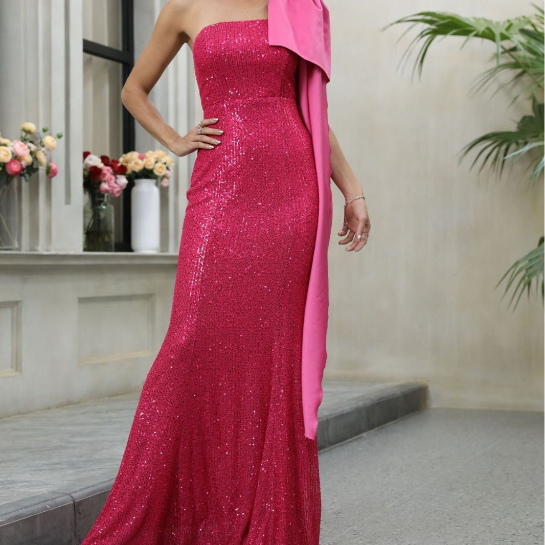 Red off Shoulder Dress Niche Irregular Asymmetric Single Shoulder Suspender Waist Slimming Sequined Elegant Evening Dress