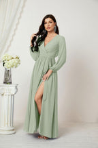 Vestidos de noche Sunnderly con escote en V profundo, gasa, para dama de honor, manga larga de obispo, abertura lateral, vestido formal SY2806 
