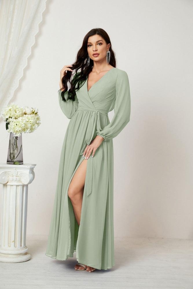 Vestidos de noche Sunnderly con escote en V profundo, gasa, para dama de honor, manga larga de obispo, abertura lateral, vestido formal SY2806 