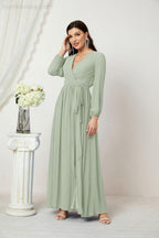 Vestidos de noche Sunnderly con escote en V profundo, gasa, para dama de honor, manga larga de obispo, abertura lateral, vestido formal SY2806 