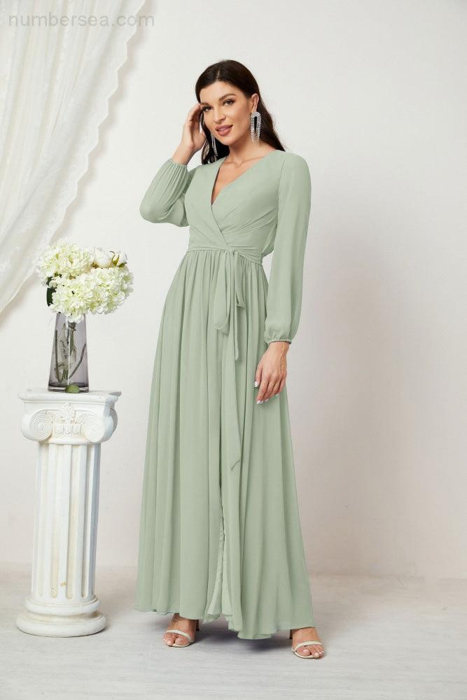Vestidos de noche Sunnderly con escote en V profundo, gasa, para dama de honor, manga larga de obispo, abertura lateral, vestido formal SY2806 