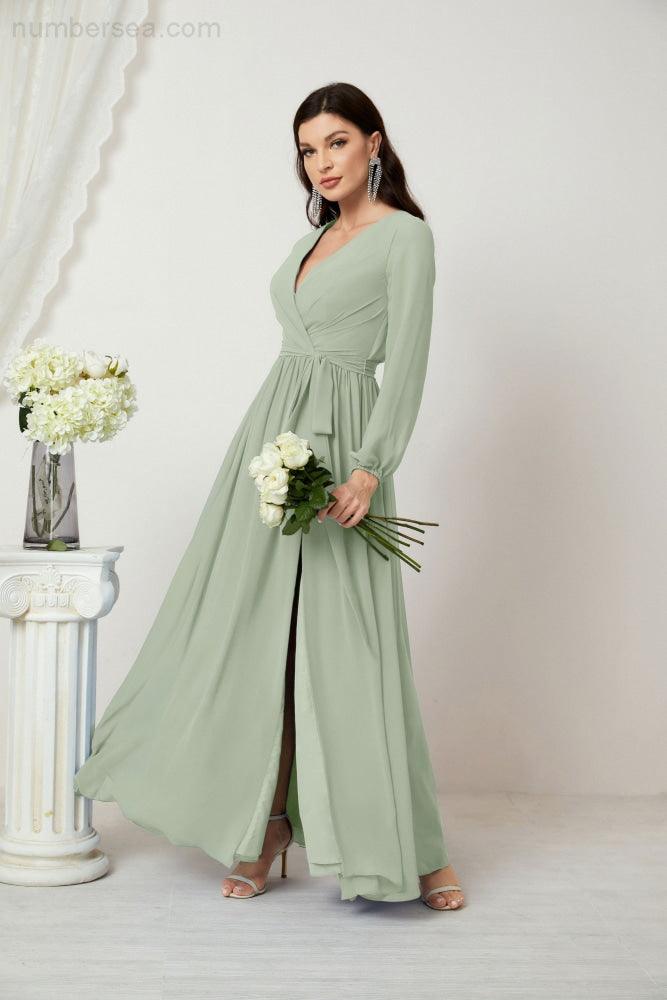 Vestidos de noche Sunnderly con escote en V profundo, gasa, para dama de honor, manga larga de obispo, abertura lateral, vestido formal SY2806 