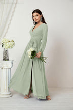 Vestidos de noche Sunnderly con escote en V profundo, gasa, para dama de honor, manga larga de obispo, abertura lateral, vestido formal SY2806 