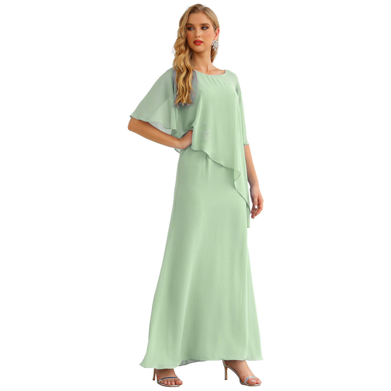 Sunnderly Chiffon-Kleid für die Brautmutter in Übergröße, formelles Ballkleid mit Rüschenumhang