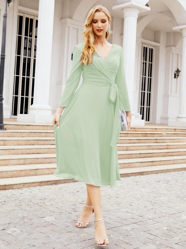 Vestido de dama de honor con escote en V y cinturón para madre de la novia, invitada de boda SY28031 