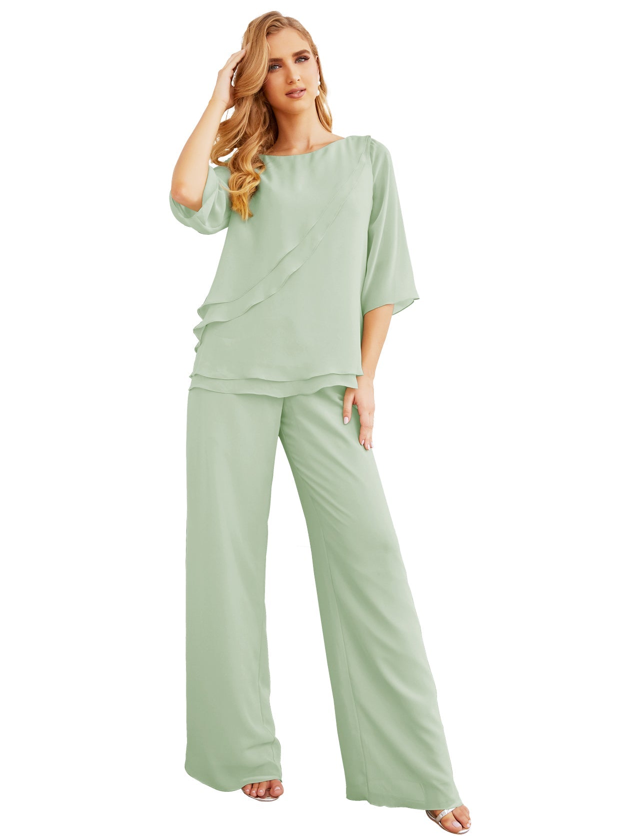 Elegante vestido de dos piezas para madre de la novia, talla grande, pantalón, capas con volantes, bata plateada SY28064 