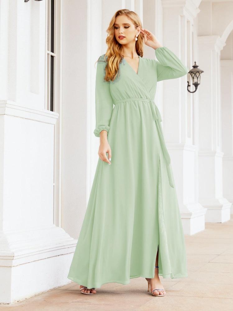 Sunnderly Women's Chiffon Bridesmaid Dress A line Long Sleeves Formal Evening Prom Gown for Wedding Guest SY28032
