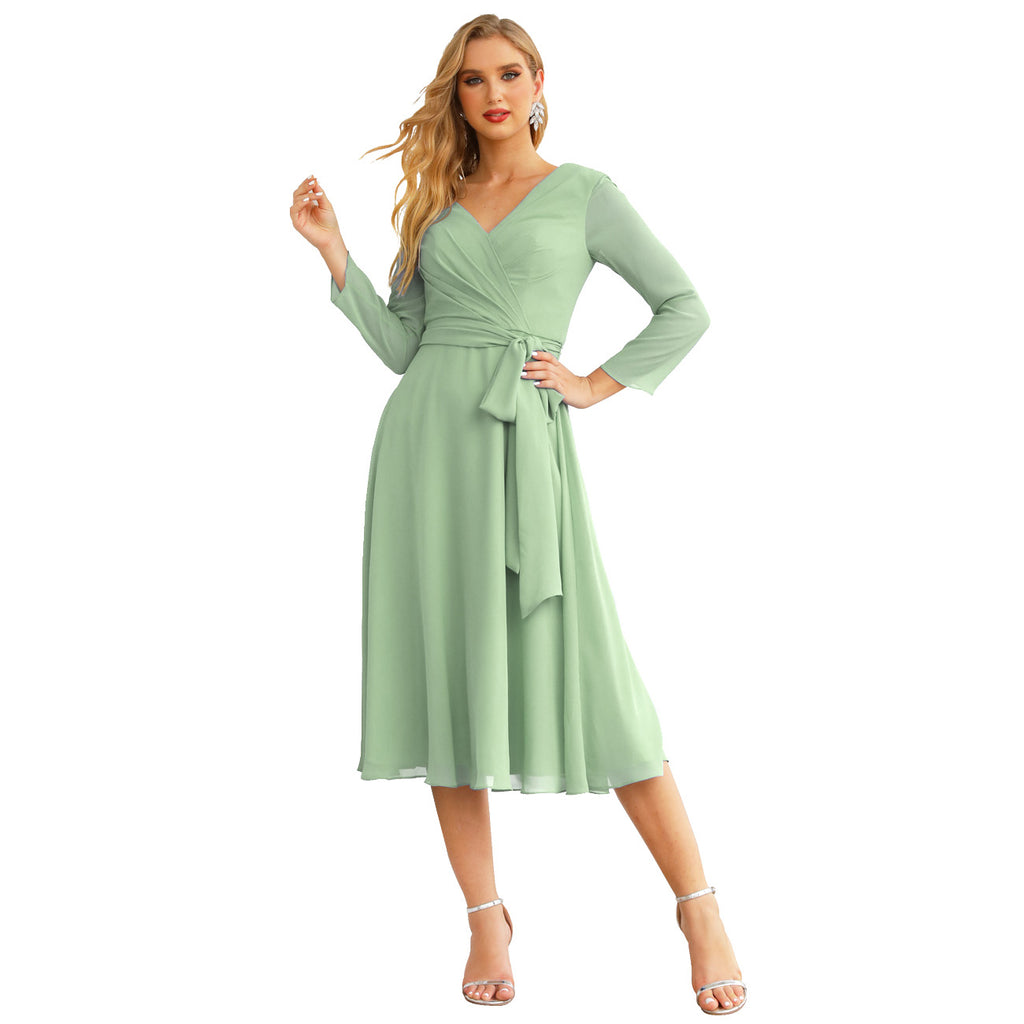 Sunnderly Chiffon Bridesmaid Dress V-Back Waist Belt Formal Prom Gown Mother of The Bride Wedding Guest