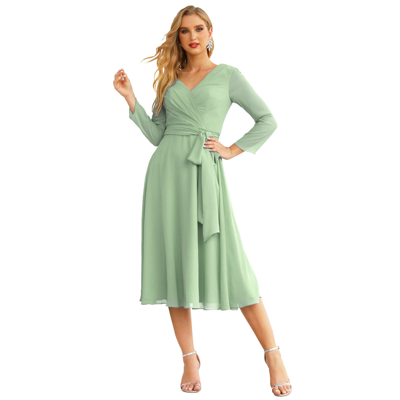 Sunnderly Chiffon Bridesmaid Dress V-Back Waist Belt Formal Prom Gown Mother of The Bride Wedding Guest