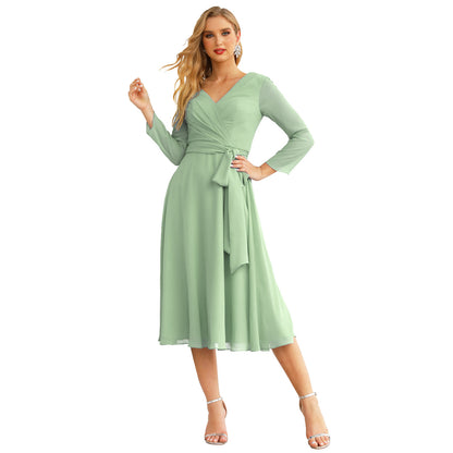 Sunnderly Chiffon Bridesmaid Dress V-Back Waist Belt Formal Prom Gown Mother of The Bride Wedding Guest