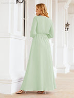 Sunnderly Women's Chiffon Bridesmaid Dress A line Long Sleeves Formal Evening Prom Gown for Wedding Guest SY28032