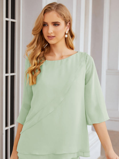 Sunnderly Elegant 2 Piece Mother of The Bride Dress Plus Size Pant Suits Ruffle Layers Sliver Housecoat SY28064