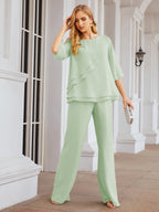 Elegante vestido de dos piezas para madre de la novia, talla grande, pantalón, capas con volantes, bata plateada SY28064 