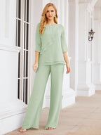 Elegante vestido de dos piezas para madre de la novia, talla grande, pantalón, capas con volantes, bata plateada SY28064 