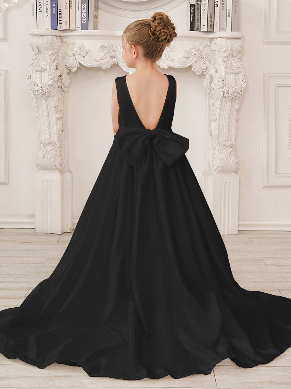 Vestido de niña de las flores de satén sin mangas, corte princesa, con cola larga y lazo
