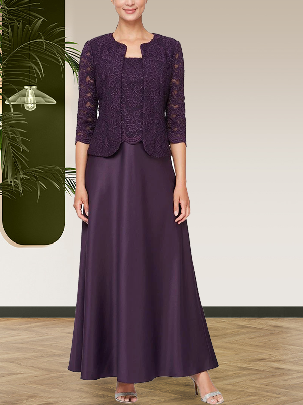 Jackenkleid aus Glitzerspitze und Satinrock mit offener Jacke
