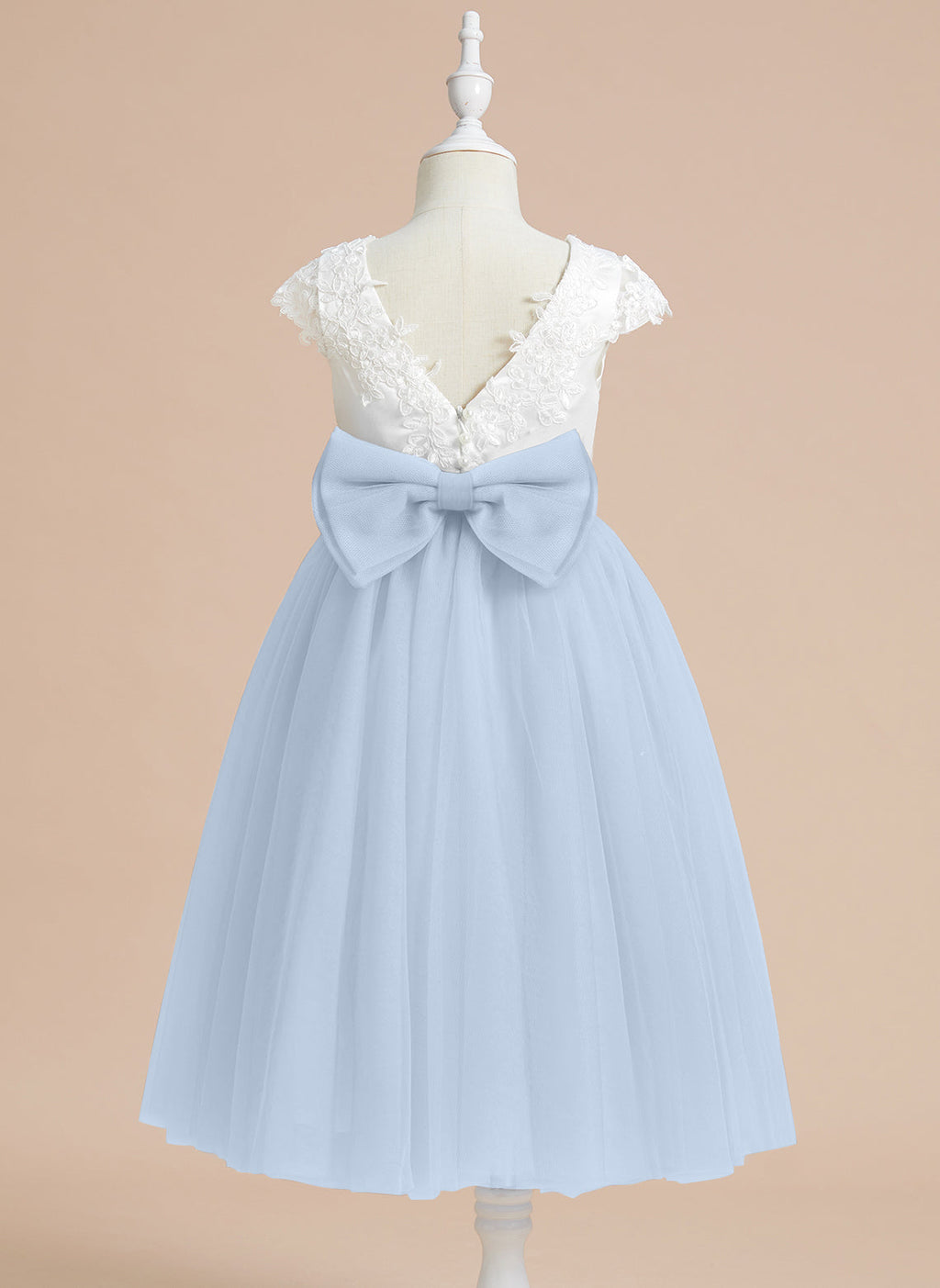 Vestido de niña de las flores de primera comunión de tul satinado con corte en A y largo hasta la rodilla