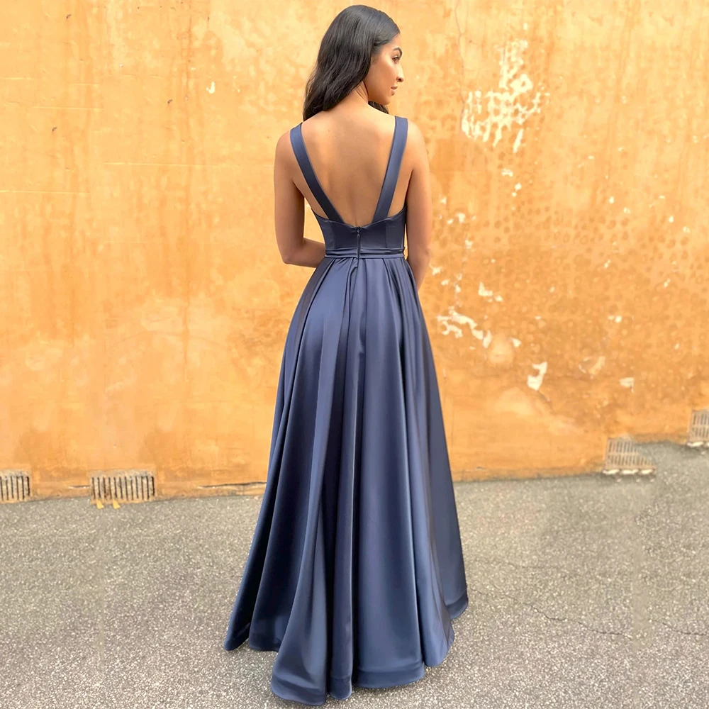 Sexy rückenfreies Spaghettiträger-A-Linien-Abendkleid in Volltonfarbe und bodenlanger Länge Y4930