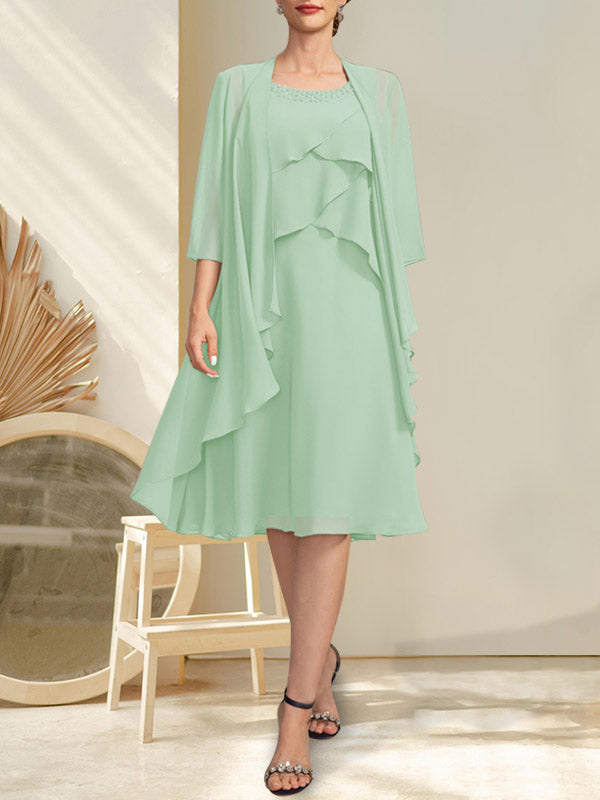 Vestido de gasa para madre de la novia con escote en A y escote redondo hasta la rodilla con cuentas