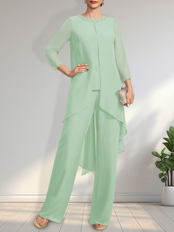 Vestido de gasa para madre de la novia con lentejuelas y abalorios, largo hasta el suelo y mono/pantalón separado