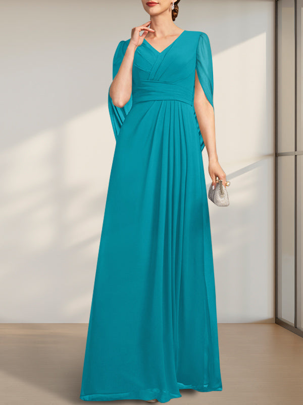 Vestido de gasa para madre de la novia con escote en V, largo hasta el suelo, con pliegues
