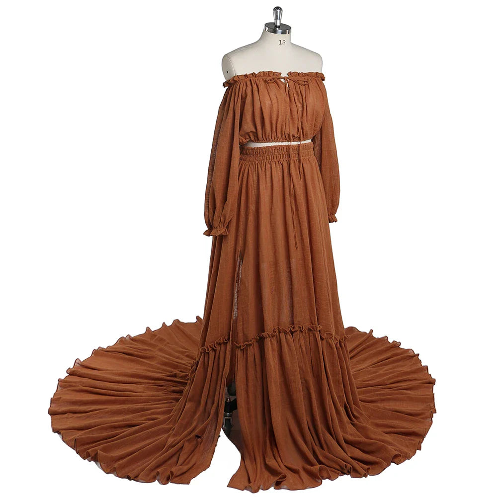 Two Pieces Gown Maternity Dresses Long Sleeves Side Slit Photography Dress Cotton Maxi Dress YEWEN SY211229
