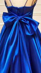 Vestidos de fiesta azul rey con escote en V y satén en forma de A, vestidos de noche Y1163